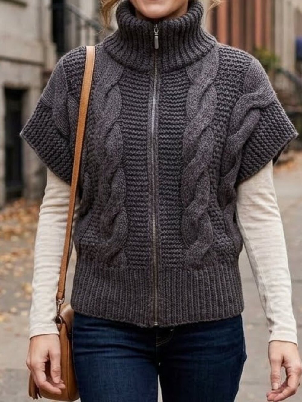 Elsamanda Woman's Chunky Cable-Knit Full-Zip Short-Sleeve Cardigan Sweater Vest